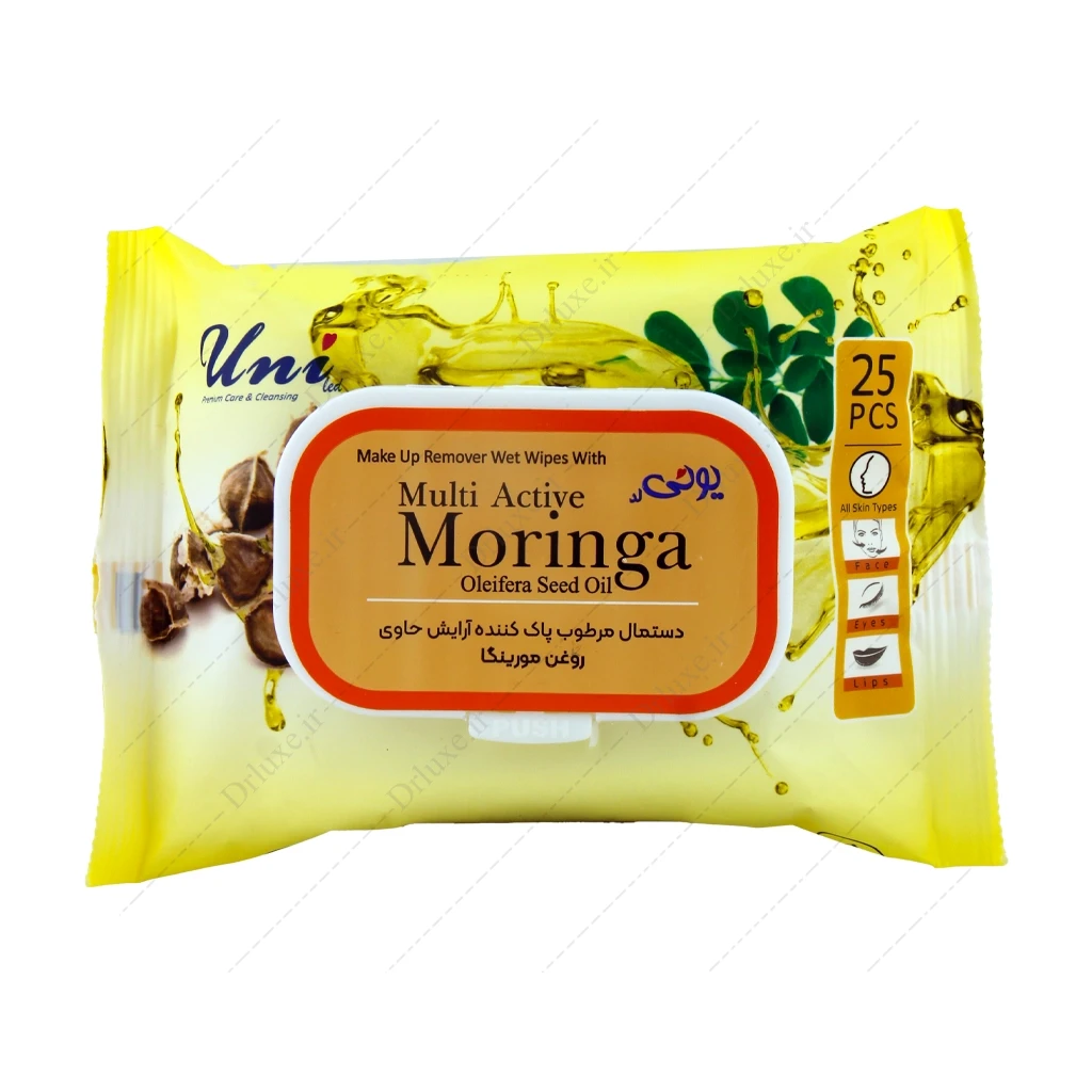 دستمال مرطوب پاک‌کننده آرایش یونی‌ لد حاوی روغن مورینگا 25 عدد